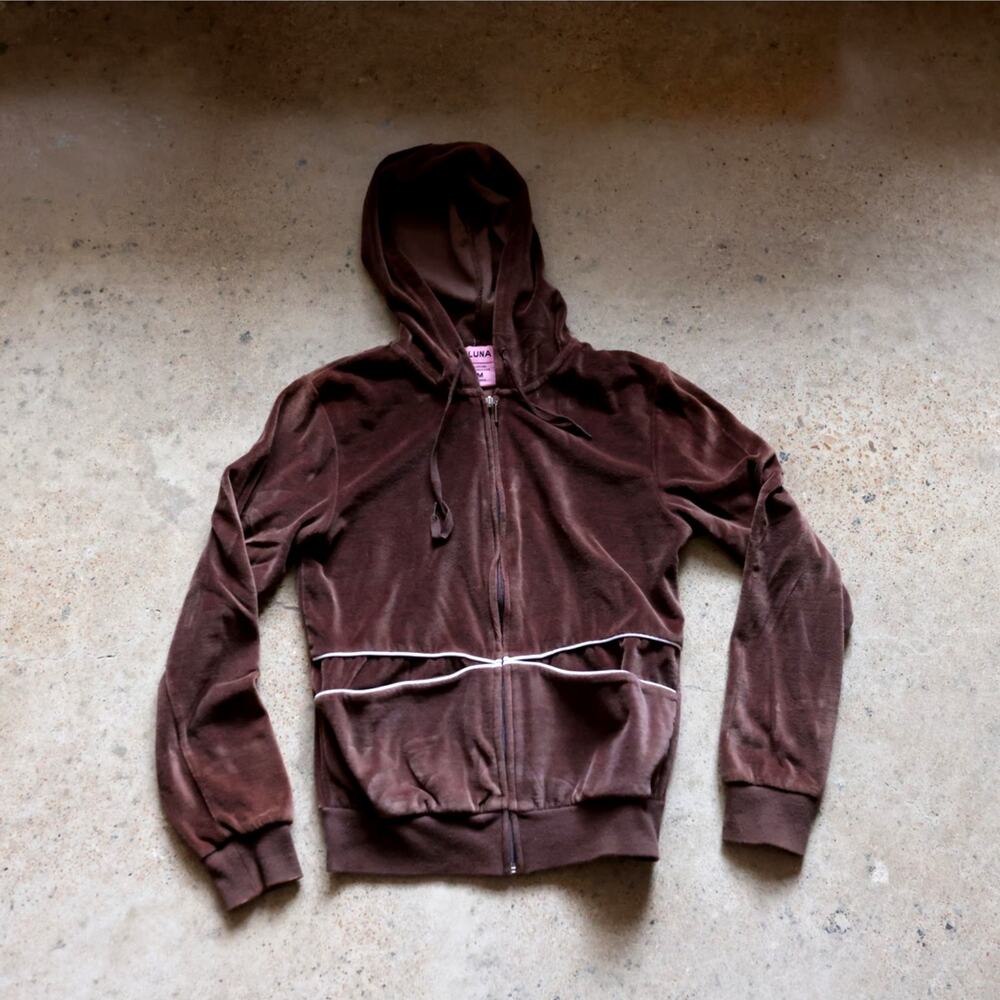 Brown Velour Zip Up Hoodie Y2K Track Jacket Size M